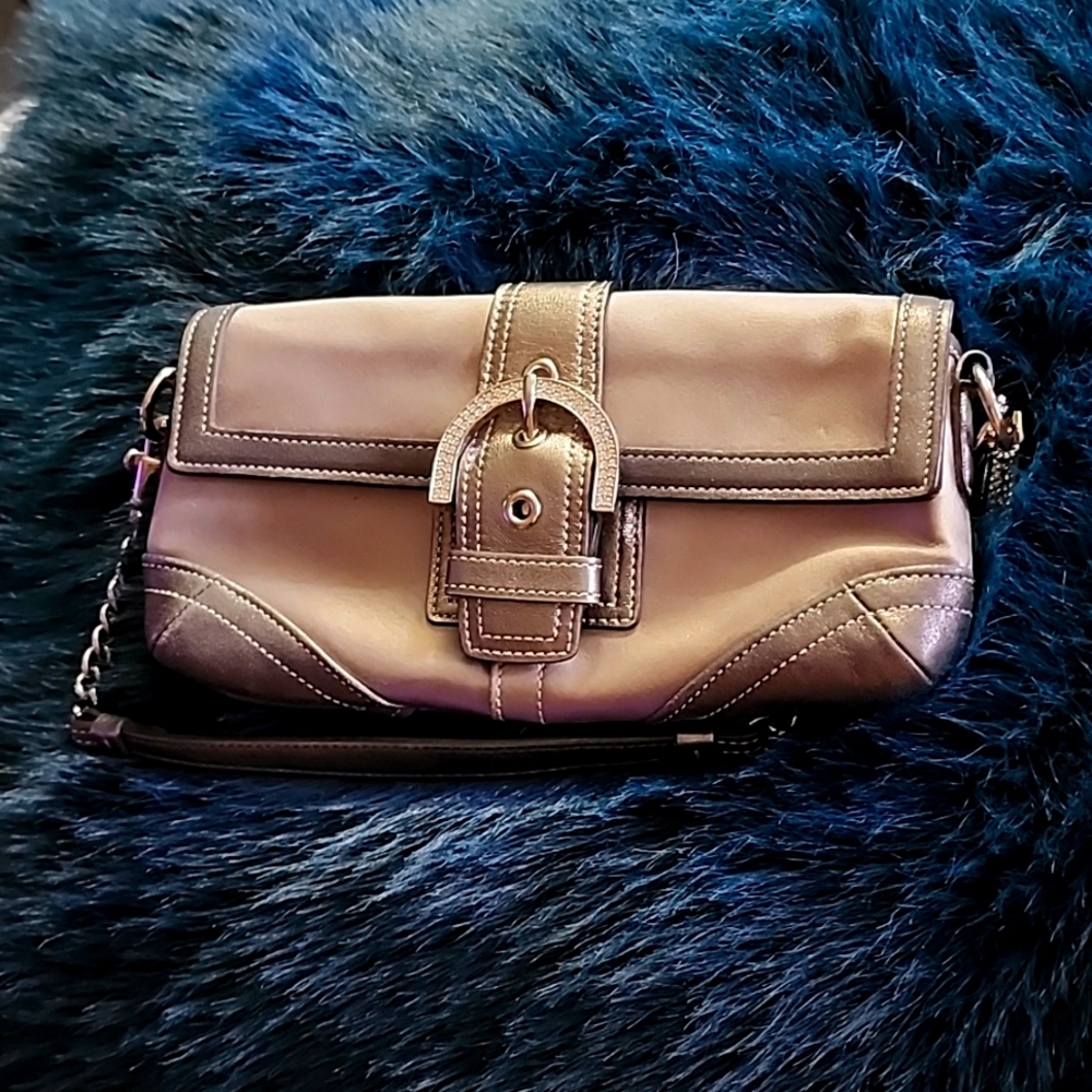 Coach Swarovski bezel silver satin & leather evening clutch